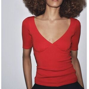 Zara Red Women's V-Neck Top Size S